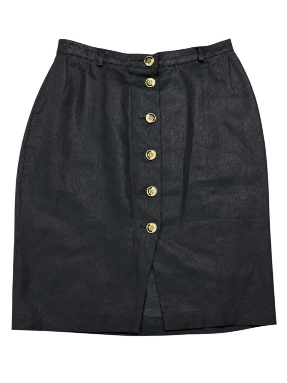 Escada Margaretha Ley Vintage Black Linen Gold Button Front Pencil Skirt Size 42